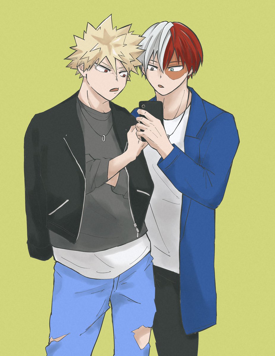 bakugou katsuki ,todoroki shouto multiple boys 2boys red hair pants male focus torn pants jacket  illustration images
