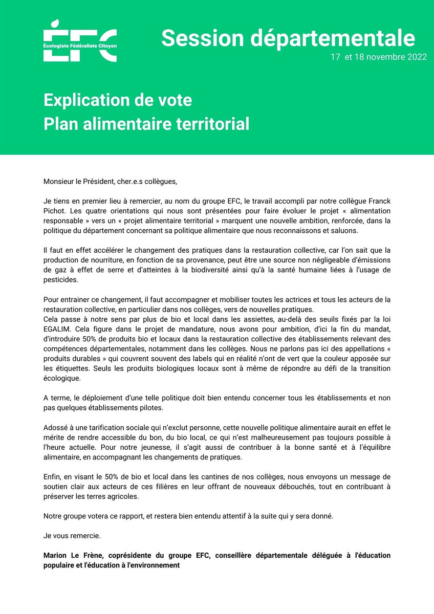 GroupeEFC_CD35's tweet image. En session #CD35, nous avons voté pour les orientations du futur projet alimentaire territorial. Nous serons vigilants à ce qu&apos;il impulse de nouvelles pratiques dans la restauration collective pour plus de bio, de bon et de local dans les assiettes. L&apos;explication de vote ici👇