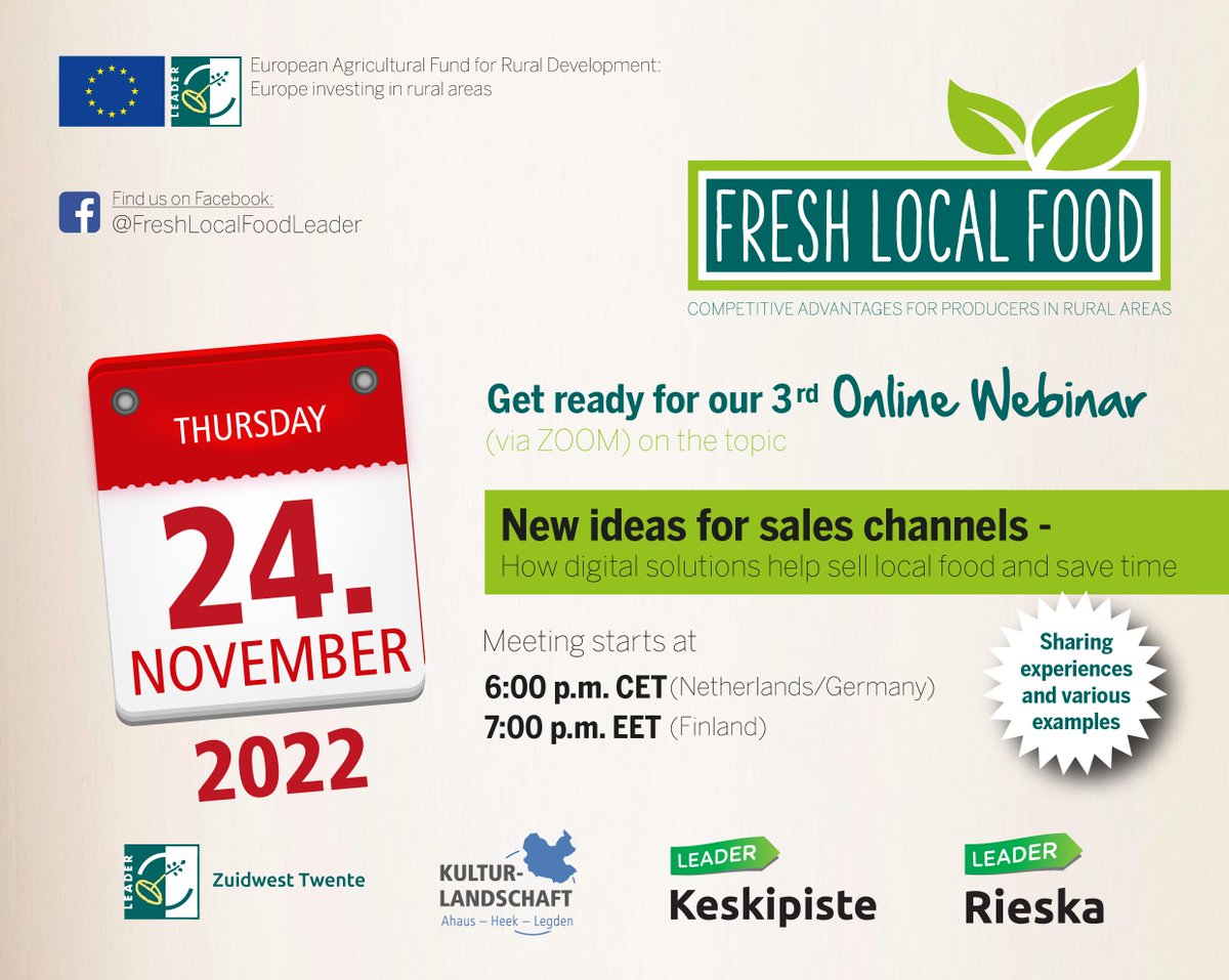 Ein letztes Webinar im transnationalen Koop-Projekt mit <a href="/LeaderZwTwente/">Leader ZW Twente</a>, Keskipiste und Rieska: 

𝗡𝗲𝘄 (𝗱𝗶𝗴𝗶𝘁𝗮𝗹) 𝗶𝗱𝗲𝗮𝘀 𝗳𝗼𝗿 𝘀𝗮𝗹𝗲𝘀 𝗰𝗵𝗮𝗻𝗻𝗲𝗹𝘀 

Do, 24.11.2022, 18 Uhr.

Teilnahme-Link: bit.ly/3EC2qzs

#FreshLocalFood #LEADER