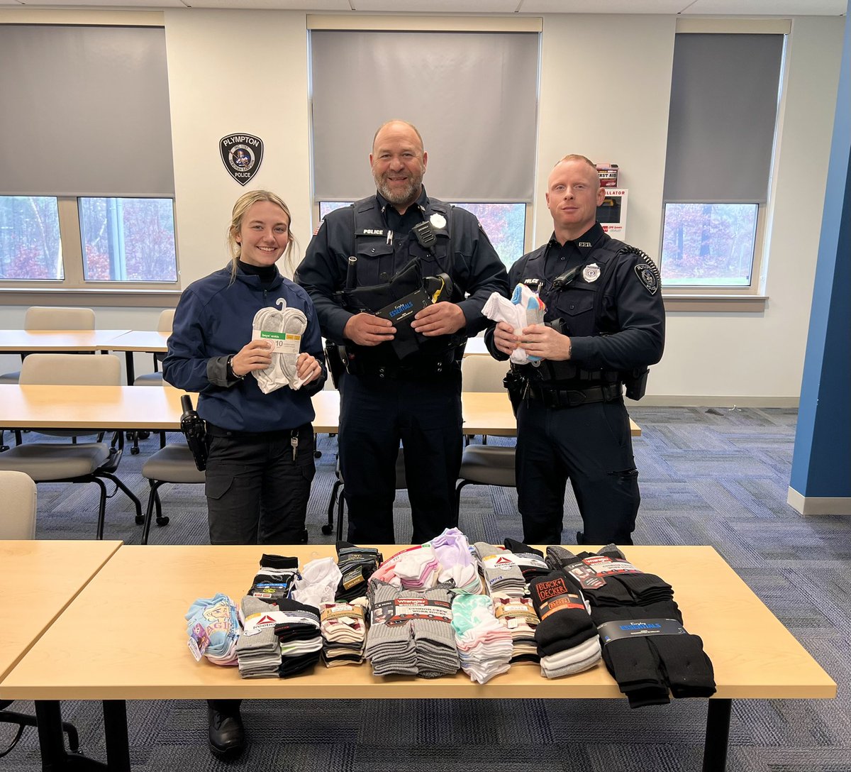 PlymptonPolice's tweet photo. Thanks to all our brought in socks for @actionteamcmhs !! We kept a collection box in our lobby and our officers donated as well! https://t.co/KlO8JbvHqs