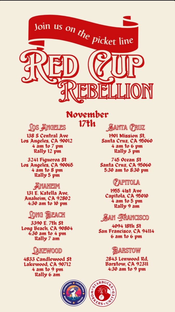 I’ll be joining baristas at my local picket in LA to be in solidarity with over 100 @SBWorkersUnited stores during today’s #RedCupRebellion to remind @Starbucks: union-busting is disgusting! #NoContractNoCoffee