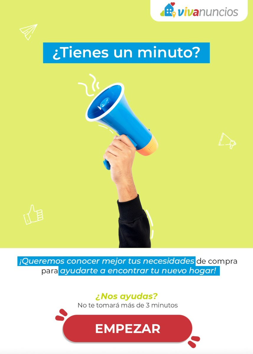 Vivanuncios busca personas que estén planeando comprar o rentar casa próximamente. 🏡Queremos conocer tus necesidades para brindarte un mejor servicio. 😉¿Nos ayudas a contestar esta encuesta? Es muy sencillo solo haz clic aquí 👉 bit.ly/3FiD6z8