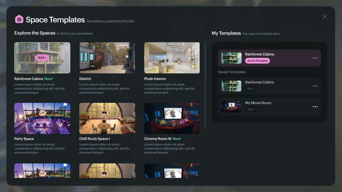 TEMPLATES TEASER

We are very happy to announce that Space Templates in Portals are coming soon! 🎉

This means you'll be able to get started with Portals in just a few seconds by using premade templates. You'll also be able to save or duplicate the spaces you build yourself! 🥳
