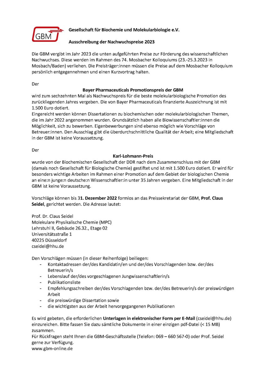 📢 Call for applications for #YoungScientistAwards: Bayer-Pharmaceuticals- and Karl-Lohman-#PhDAwards of the GBM, application deadline:  Dec 31, 2022, award ceremony during our #MosbacherKolloquium 2023; more details below 👇