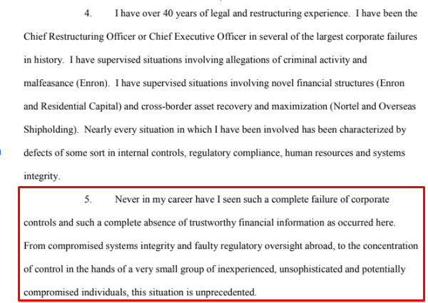 StackerSatoshi's tweet photo. 1/8 In the recent FTX bankruptcy filing the new CEO who oversaw Enron’s bankruptcy ($74 billion in losses) said this. Here’s what else the new document tells us 👇🏼 https://t.co/qcLNFm2wku