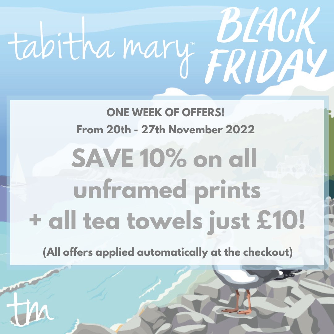 #BLACKFRIDAY SAVINGS!
20th - 27th Nov

SAVE 10% on all unframed prints + all tea towels are reduced to just £10, while stocks last.

All #offers applied automatically at the checkout. 

tabithamary.co.uk

#savings #sale #travelprint #travelart #railwayprint #railwayposter