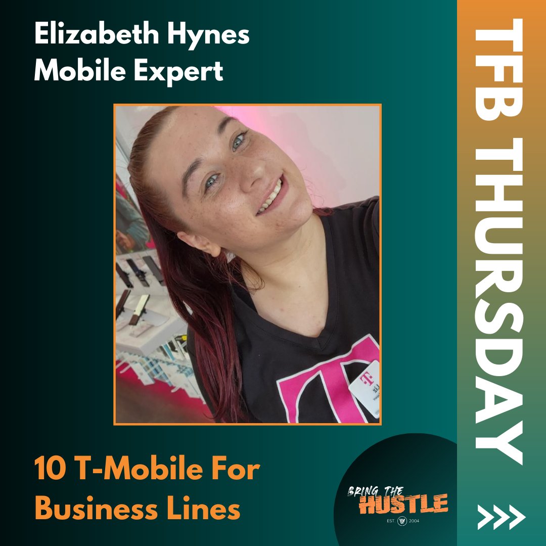 WirelessVision's tweet photo. Today is T-Mobile for Business Thursday! We recognize Elizabeth Hynes for working to solve her customer needs and hook them up with 10 T-Mobile For Business Lines!!
#BringTheHustle #TFBThursday #ThursdayVibes https://t.co/Ti4P73h4ds