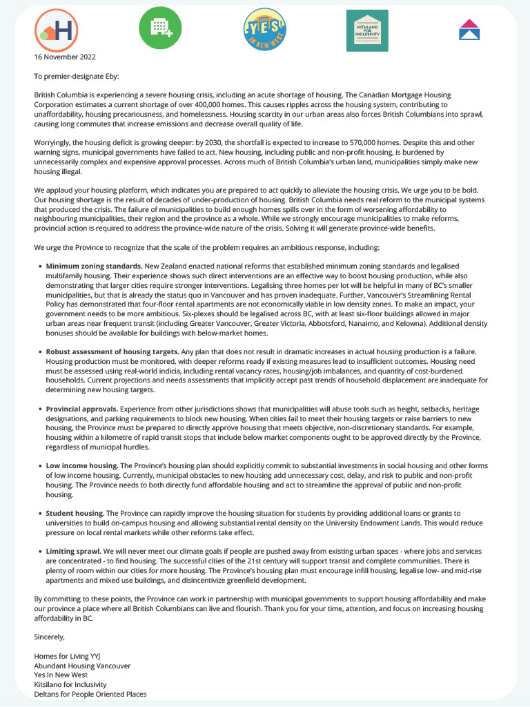 Abundant Housing Vancouver is proud to stand with other BC pro-housing groups to call for bold action on housing from premier-designate <a href="/Dave_Eby/">David Eby</a>. See our open letter below. 

The provincial government needs to ensure there are enough homes in BC's cities for everyone!