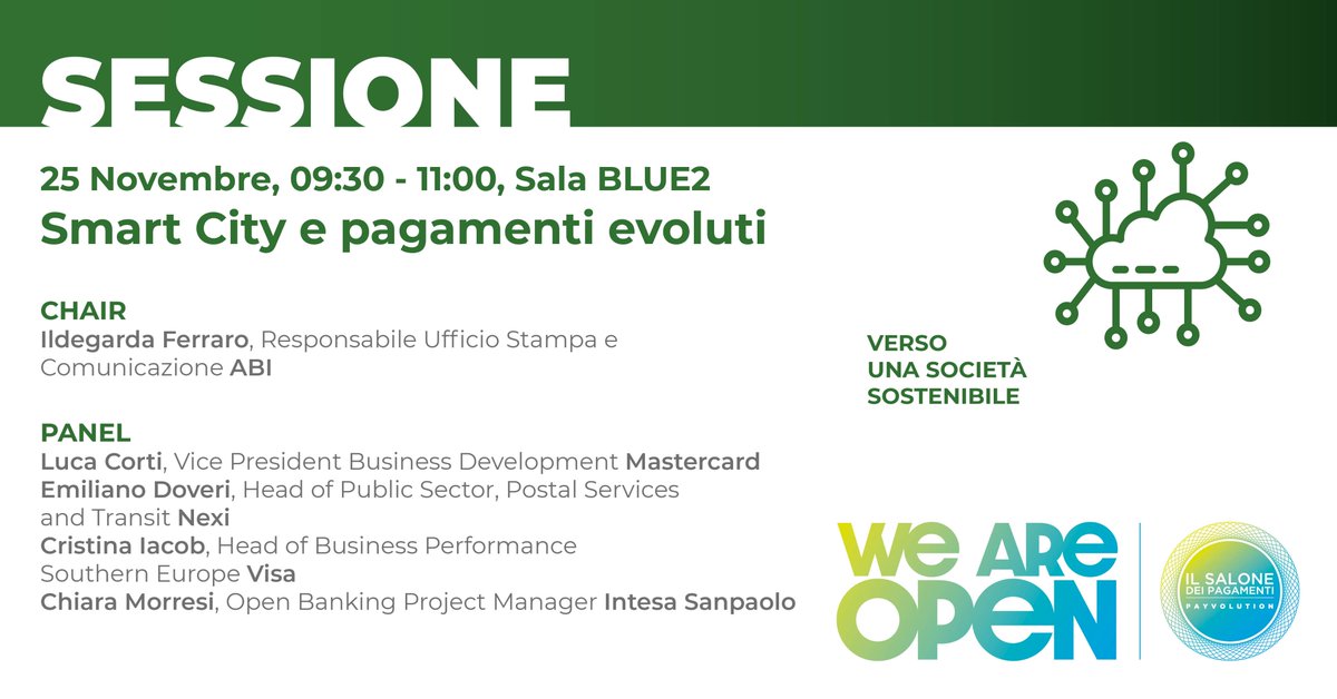 #salonepagamenti #25novembre iscriviti e prenota il tuo posto bit.ly/3WRUSji alla #sessione #SmartCity e #pagamenti evoluti moderata da <a href="/ildeferraro/">Ildegarda Ferraro</a> #ABI #ESG #PNRR #sostenibilità #digitalizzazione #cittadini #edicazionedigitale #payvolution #weareopen22