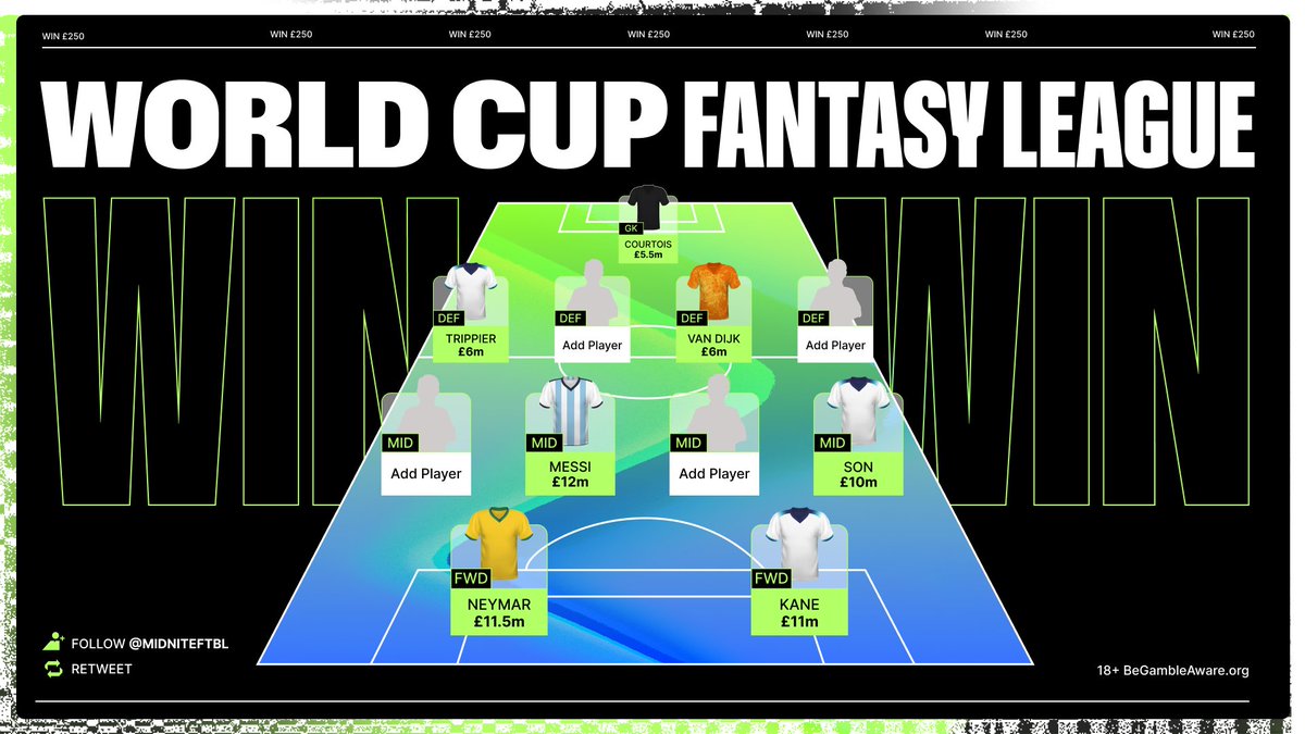 midnite's tweet photo. WIN £250 | MIDNITE FANTASY LEAGUE 🚨💰

Join our World Cup Fantasy league - £250 to the winner!

PLAY: https://t.co/vv8u1SZBw2

CODE: EPMJQK96

🔁 Retweet
✅ Follow

Good luck! 🤞 https://t.co/L3e1DuG2kg