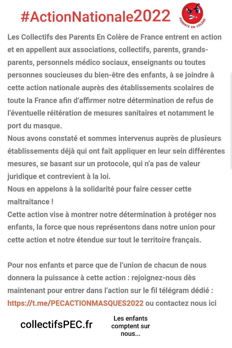 AssociationPEC's tweet photo. 🔴 Pour rejoindre #ActionNationale2022 :
Telegram :
https://t.co/uhUxtD9sPK
Site : https://t.co/X9oZ9Nf8qk
#ProtegeonsNosEnfants #BalanceTonMasque #ParentsEnColere
#LaissonsLesRespirer https://t.co/yUhEc65HOc