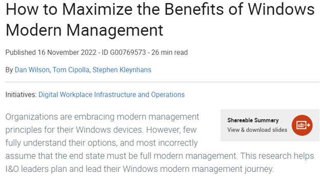 danmwilson911's tweet photo. π¨New Research Alertπ¨I am excited to unveil βHow to Maximize the Benefits of Windows Modern Managementβ available to Gartner for IT clients at https://t.co/glzJF57kbO
#UEM #ModernMgmt #research #endpointanalytics #dex #patching #CMT #PCLM #windows https://t.co/uadPzZezks