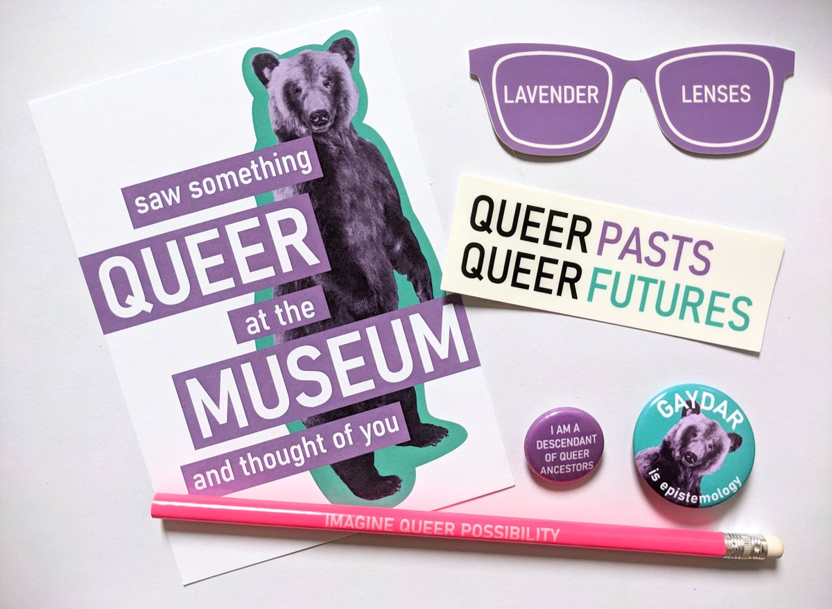 To go along with your free download of "Looking for Queer Possibility in the Museum", you may want some queer museum swag: postcard, 2 badges, 2 stickers, and pencil.

Send your address and £10 to pay.me/magmidd (price includes shipping within UK)