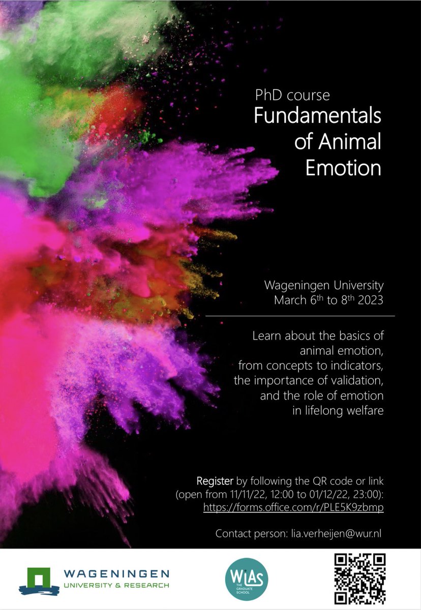 appliedethology's tweet image. #newphdcourse on Fundamentals of Animal Emotion 6-8 of March 2023, at @WUR, registration before 1st of dec 2022, link to more information: applied-ethology.org/PhD_course_Fun…
#animalemotion #phdcourse #isae