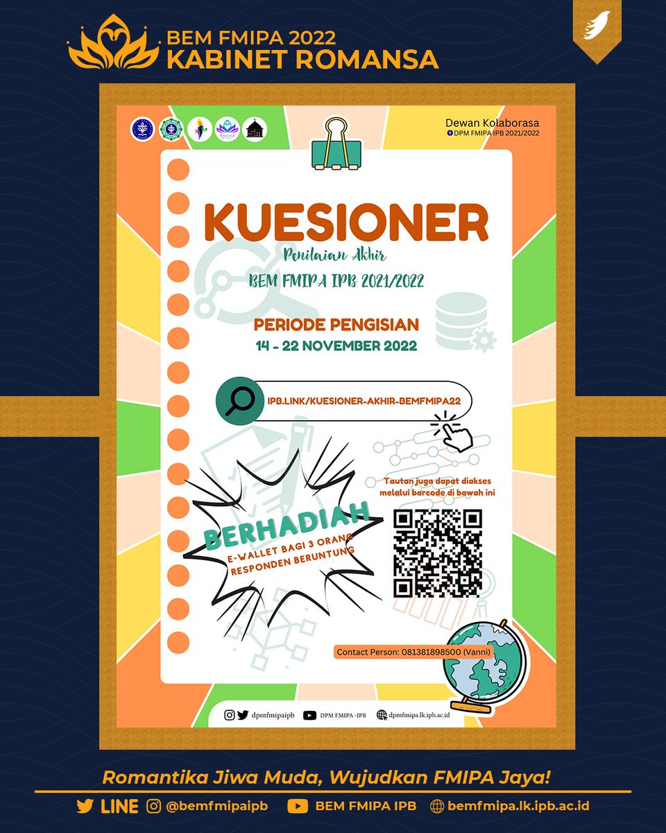 Halo KM FMIPA!

DPM FMIPA IPB meminta waktu anda untuk mengisi kuesioner penilaian akhir BEM FMIPA IPB sesuai dengan GBHK dan Visi Misi yang telah ditetapkan.

Link kuesioner dapat diakses di:
ipb.link/kuesioner-akhi…

Yuk baca selengkapnya di:
instagram.com/p/Ck96TzpPurA/…