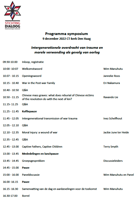 dptwee's tweet photo. 9 december organiseert stichting Dialoog Nederland-Japan-Indonesië het symposium 'Intergenerationele overdracht van trauma ten gevolge van oorlogsgeweld en morele verwonding' https://t.co/7eif62xkJs