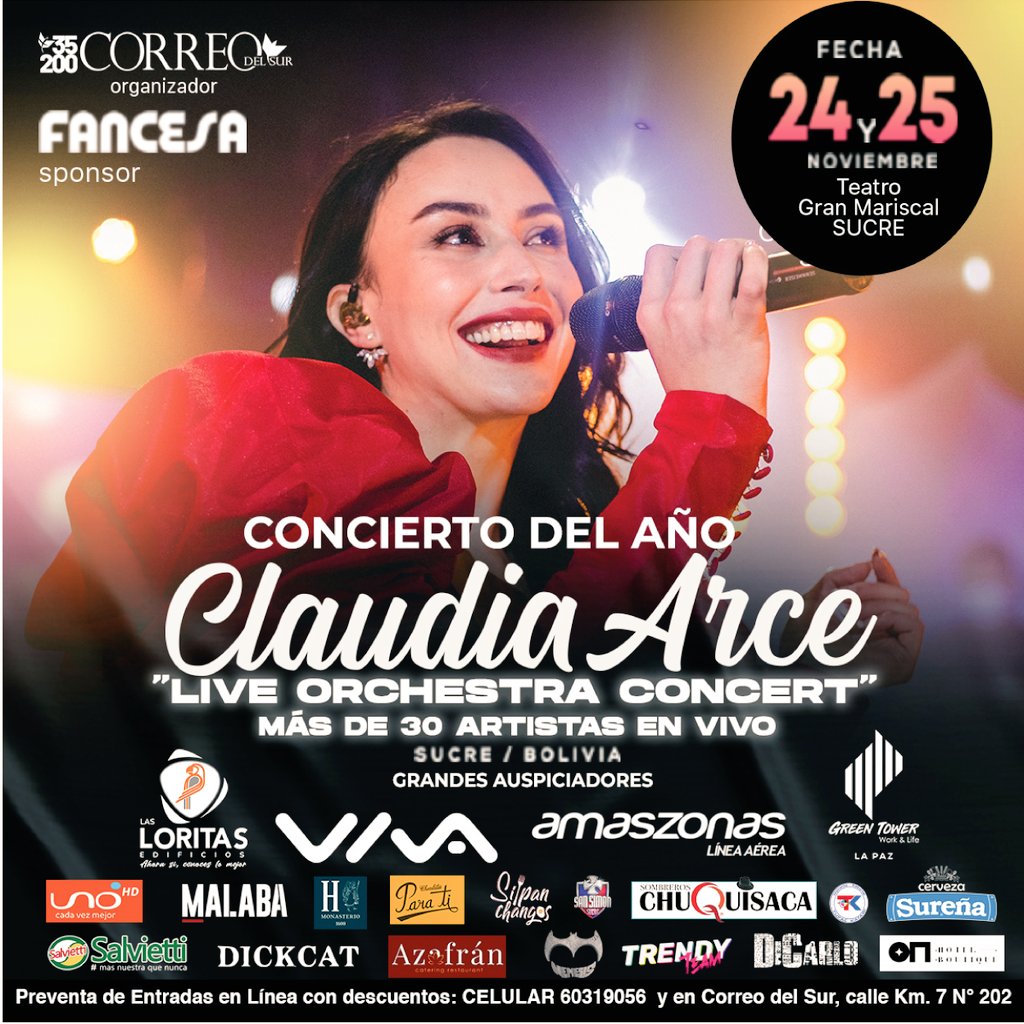 Amigos🤩 Nos vemos este 24 y 25 en concierto en el teatro gran mariscal de sucre! <a href="/correodelsurcom/">Correo del Sur</a> <a href="/CementoFancesa/">FANCESA</a> @amaszonas <a href="/vivabo/">VIVA</a> #greentower #lasloritasedificios #caporalessansimón #dickcat <a href="/La__Surena/">Cervecería La Sureña</a> #chocolatesparatí
