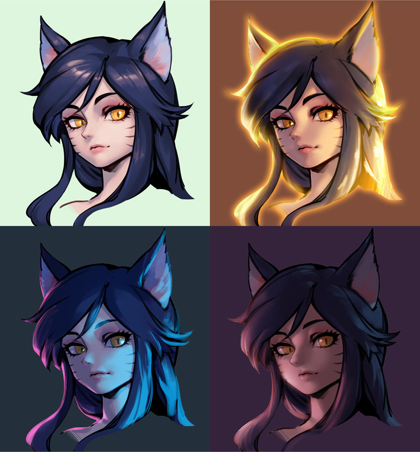 ahri (league of legends) 1girl animal ears fox ears slit pupils whisker markings yellow eyes multiple views  illustration images