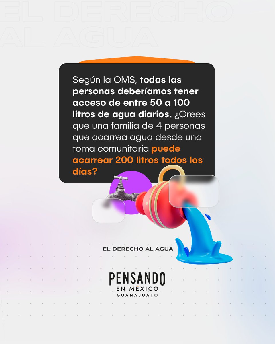 pensandoengto's tweet photo. Según la OMS, todas las personas deberíamos tener acceso de entre 50 a 100 litros de agua diarios. ¿Crees que una familia de 4 personas que acarrea agua desde una toma comunitaria puede acarrear 200 litros todos los días?
#pensandoenguanajuato https://t.co/umcobWfLck