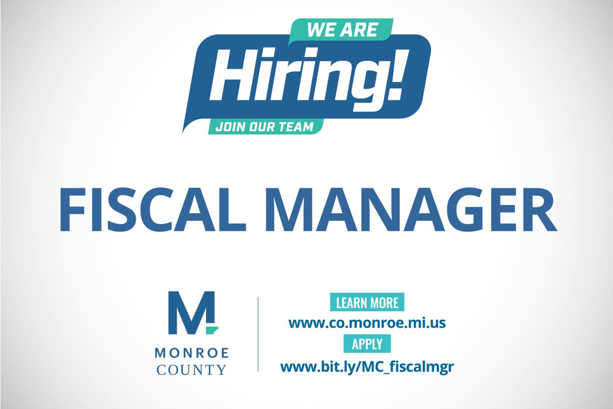 Monroe County is HIRING.

The @Michcorner FISCAL MANAGER is responsible for developing internal control policies, guidelines, and procedures for all accounting activities. 

Salary Range 👇  
$52,500 - $62,500/yr 
APPLY TODAY ⤵️
bit.ly/MC_fiscalmgr

#MICorner