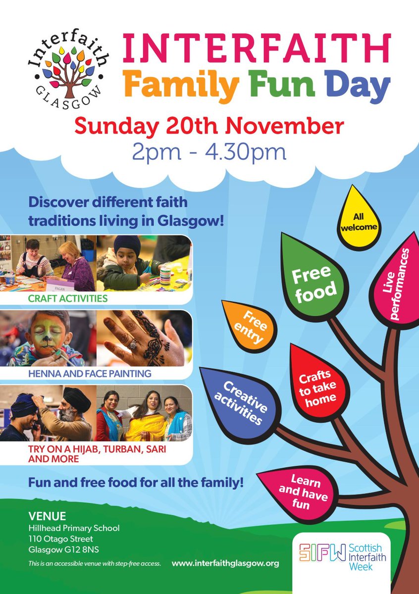InterfaithGlasg's tweet photo. 📣 Only 3 days to go! Join us this weekend at Hillhead Primary School for a FREE afternoon of fun, food, and creativity. 

Sunday 20th of November, 2pm - 4:30pm. See you there!

Please share widely 😊🌍 https://t.co/TiEDLo2dXo