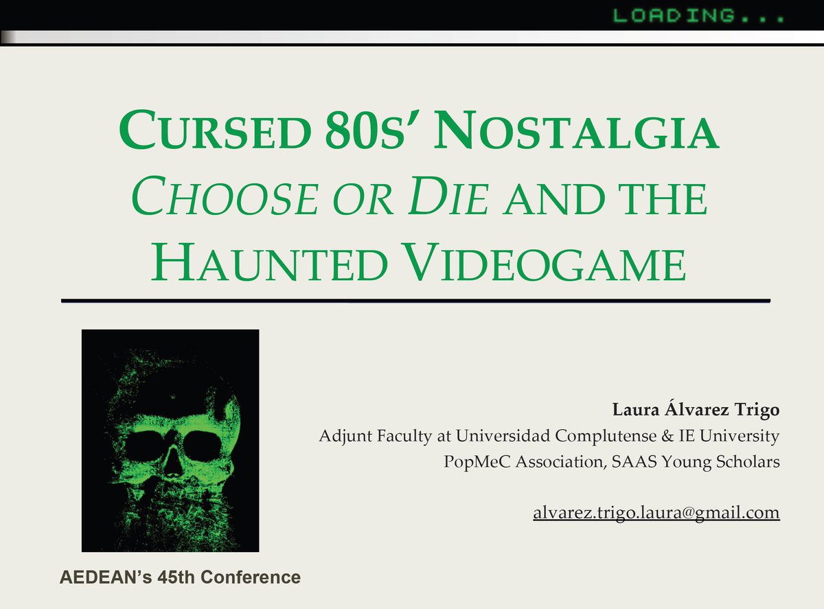 🤩 Our Laura Álvarez Trigo <a href="/Inphemeral/">Trigo 🌾</a> is presenting "Cursed 80s’ Nostalgia: Choose or Die and the Haunted Videogame" in this afternoon's #FilmStudies panel at the 45th AEDEAN Conference #AEDEAN45