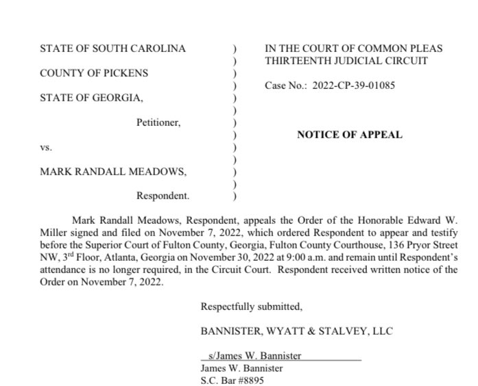 Kyle Cheney on Twitter: "JUST IN: Mark Meadows has appealed a South