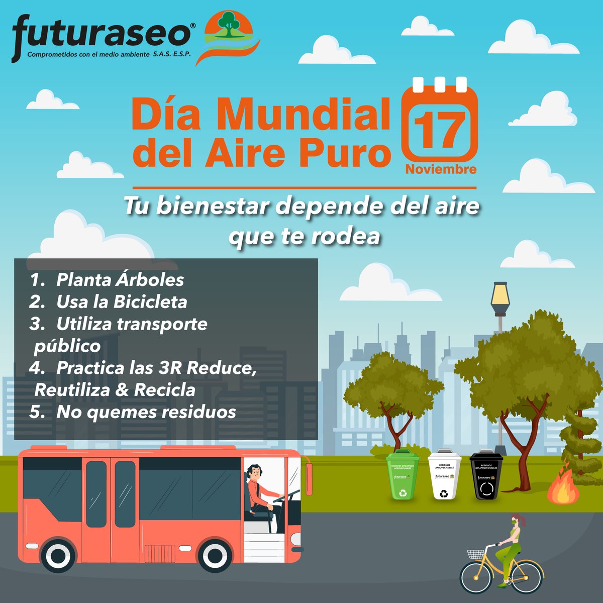 👉 Hoy 17 de noviembre se conmemora el Día Internacional del Aire Puro 🌬️🌥️ como una fecha para conmemorar y promover la disminución de la contaminación atmosférica.

¡Todos podemos cuidar el aire que respiramos! 🧡💚💙
