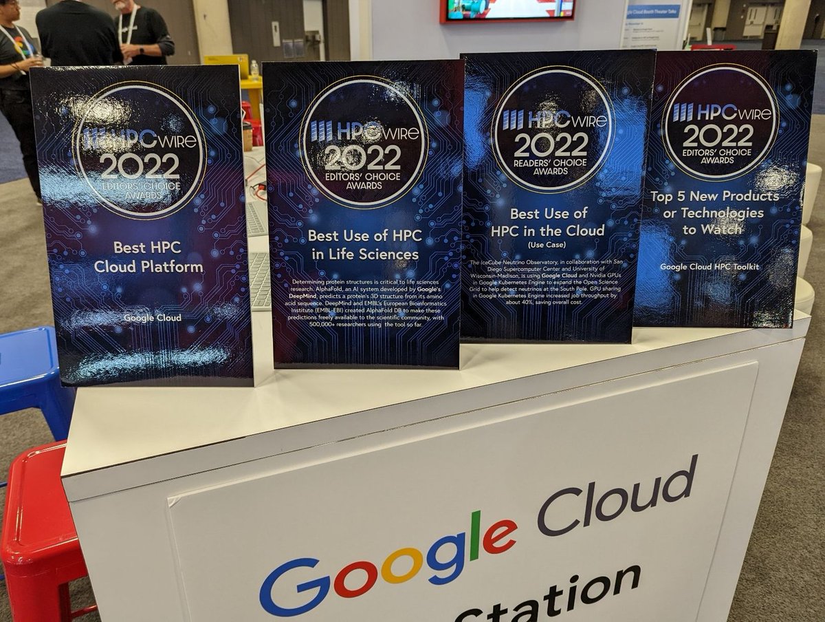 Thank you to @HPCwire for recognizing @googlecloud #HPC with four of your prestigious awards! So exciting to see Google Cloud, the Cloud HPC Toolkit, and all the great work by our customers @PGS get acknowledged!

#sc22 #googlecloud #hpc #cloudhpc #HPCwireRCA22