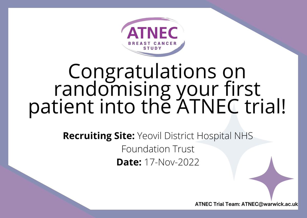 ATNEC Breast Cancer Study (@atnec1) on Twitter photo A great few days for the team @YeovilHospital who randomised their first patient into ATNEC this afternoon!👏🏼
There are now 9️⃣0️⃣ participants randomised into the ATNEC Trial🤩
<a href="/ResearchYDH/">Research Unit at Yeovil Hospital</a> <a href="/CarolineLEO123/">Caroline Osborne</a> <a href="/NIHRresearch/">National Institute for Health and Care Research</a> A great few days for the team @YeovilHospital who randomised their first patient into ATNEC this afternoon!👏🏼
There are now 9️⃣0️⃣ participants randomised into the ATNEC Trial🤩
<a href="/ResearchYDH/">Research Unit at Yeovil Hospital</a> <a href="/CarolineLEO123/">Caroline Osborne</a> <a href="/NIHRresearch/">National Institute for Health and Care Research</a>
