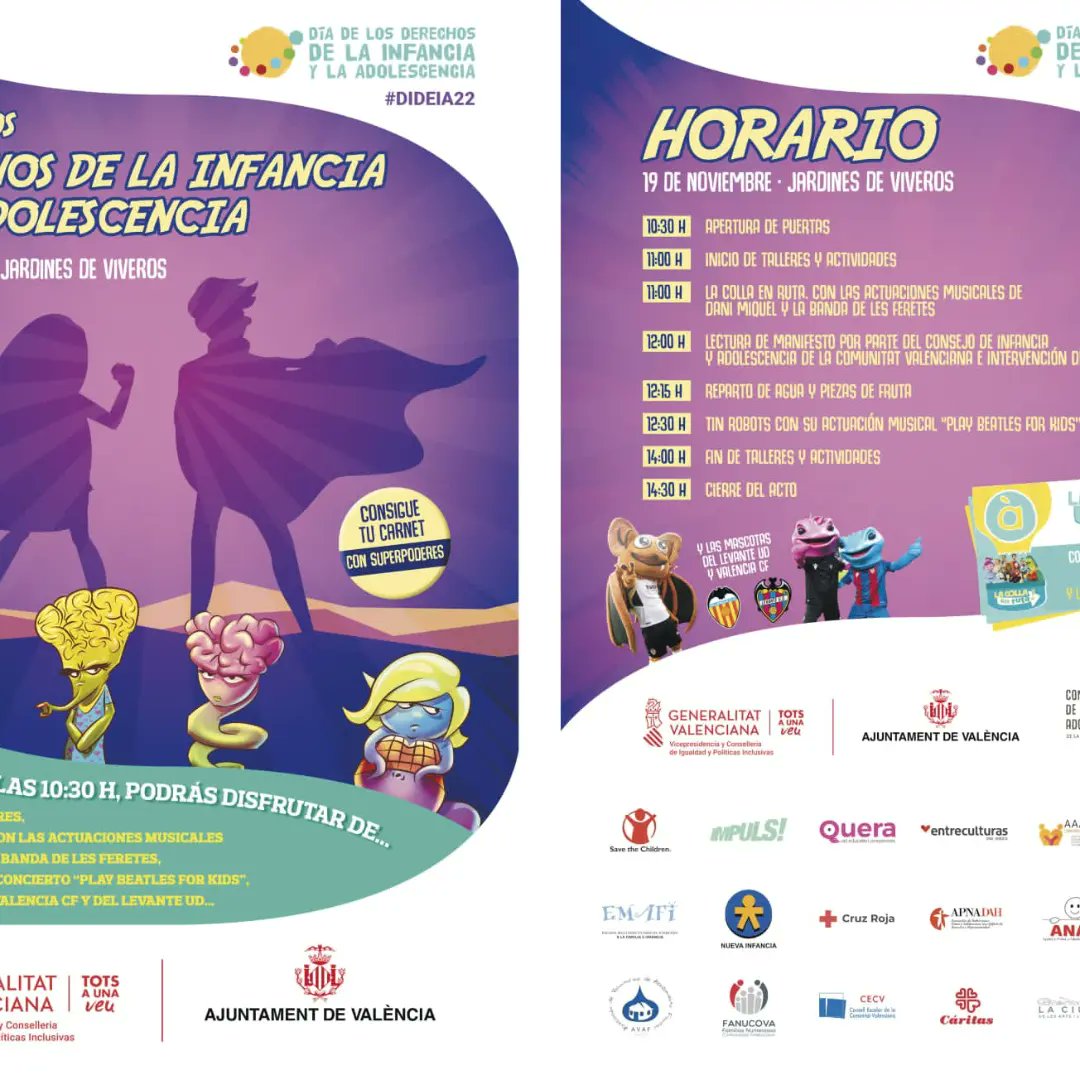 apnadah's tweet photo. Buenos días.

Este fin de semana celebramos el DÍA DE LA INFANCIA 👶🏼👧🧒🏽👩🏾‍🦱

👉🏼Sábado 19, a partir de las 10'30 h. JARDINES DE VIVEROS, en Valencia 

👉🏼Domingo 20, desde las 10 h. PARC DE LA GRANJA, en Burjassot

#DIADELAINFANCIA2022
#DIDEIA22 https://t.co/HEEExRp1Ud