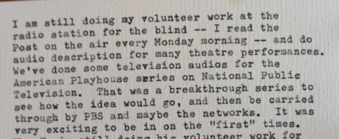 miriskusnik's tweet photo. So proud of my grandmother &amp; her audio description work going right back to the 80s. A friend of hers just sent over a treasure of a letter she wrote in 1988 &amp; I was so excited to see this bit https://t.co/ZuCK88o4iY