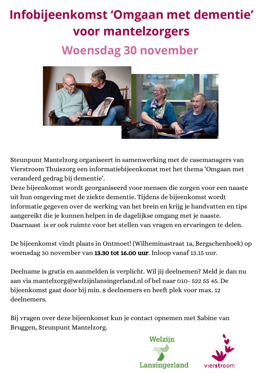 Geïnteresseerd in het onderwerp 'omgaan met veranderd gedrag bij dementie"?  Graag per mail of telefonisch aanmelden. 
#dementie #mantelzorgers #Ontmoet