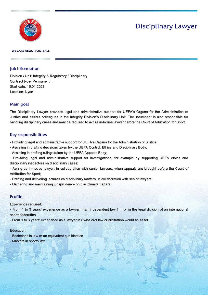 <a href="/UEFA/">UEFA</a> looking for a new team member. 
#DisciplinaryLawyer   #jobopening