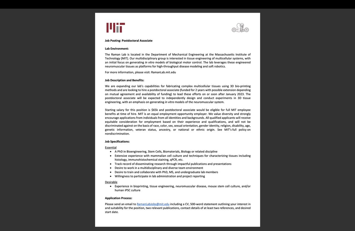 The Raman Lab @MIT is hiring a #postdoc interested in 3D biofabrication of multicellular systems - emphasis on neuromuscular #TissueEngineering. Job details & info on how to apply are below ⬇️ Join our dynamic team! Retweets appreciated 🥰 @MITMechE #sciencejobs #AcademicTwitter