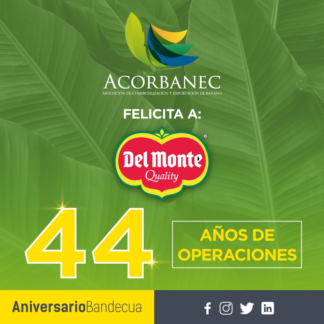 acorbanec's tweet image. ACORBANEC felicita a BANDECUA S.A (@DelMonteFresh ) por sus 44 años de operaciones en Ecuador, aportando al desarrollo del sector bananero ecuatoriano. 

Extendemos nuestras felicitaciones a los representantes, personal y a todos quienes hacen Del Monte.

#AniversarioSocios