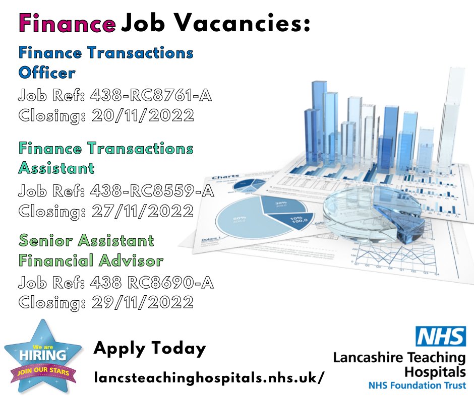 ⚠️ #Finance Job Vacancies <a href="/LancsHospitals/">Chorley & Royal Preston</a>

💳 Finance Transactions Assistant
Closes: 27/11/22
Apply: bit.ly/3hNldPp

💶 Senior Assistant #FinancialAdvisor
Closes: 29/11/22
Apply: bit.ly/3AjVWTh

#NHS #NHSjobs #Lancashire #LancashireJobs #Preston <a href="/LTHTRFinance/">LTHTR Finance</a>