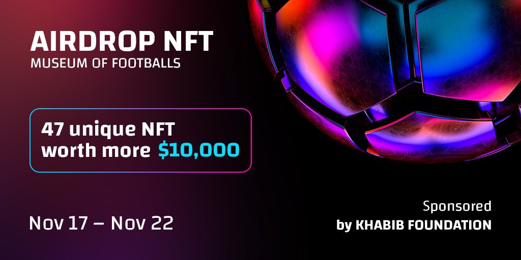 👉NFT holders can accumulate tokens on <a href="/vfootballs_nft/">Museum of Footballs</a> for premium subscription -Get exclusive access to events with football stars and Khabib Nurmagomedov. 
📅Promo dates: 17-22 Nov
🎁Prizes: 47 NFT worth $10K 
🚚Distribution date: Dec 2022
more info via bit.ly/vfootballs