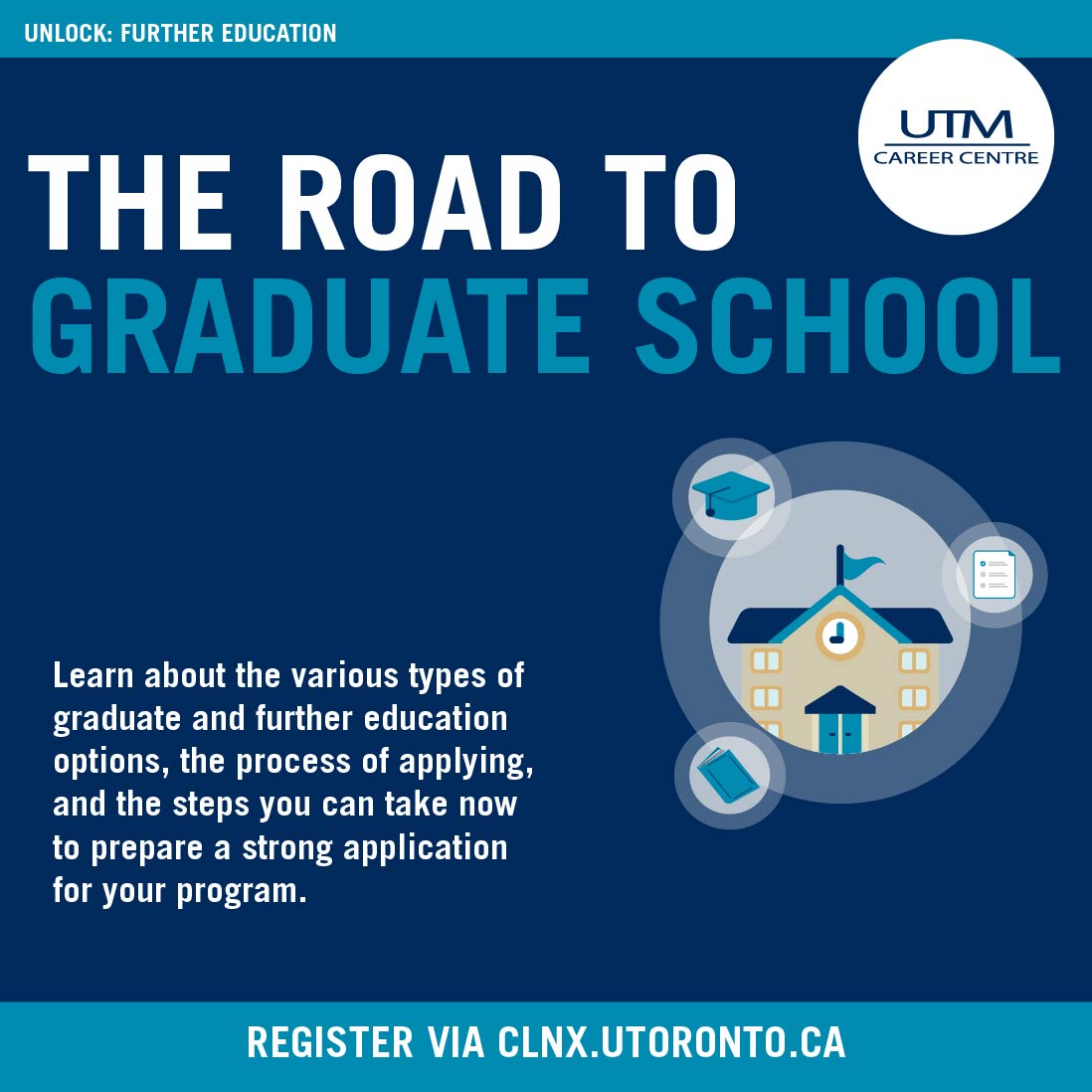 UTMCareerCentre's tweet photo. Thinking about Grad School but not sure where to start?🏫 
Join this workshop to discover what the application process looks like, the steps to build a strong application, tips &amp; tricks, and much more! 

🗓Wed, Nov 23rd, 2022
🕙1:00PM - 2:30PM
📍 Zoom
 
Register via CLNx https://t.co/weSKZl8Z6a