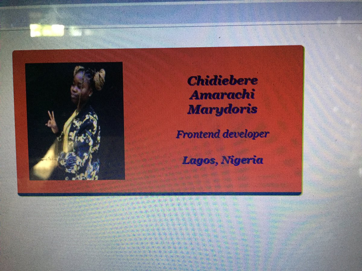 Tech_geek001's tweet image. #30daysofcode
#frontendwebdeveloper
Day 3: learnt about image alt text, flex child container, inheritance, shorthand hands, web-safe fonts, color palettes, how to create a repository for github and also built a business card. Check it out on doriscard.netlify.app