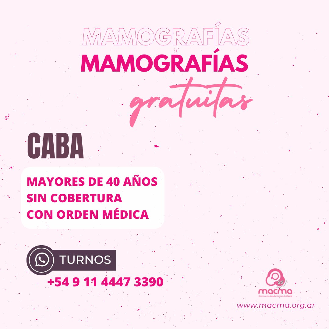 Atención CABA! Si vivís en la Ciudad Autónoma de Buenos Aires podes acceder a una MAMOGRAFÍA GRATUITA!

¡No termines el año sin hacerte tus chequeos!
Pedí tu turno por WhatsApp: 11 4447 3390

La #deteccióntemprana del #cáncerdemama salva vidas.