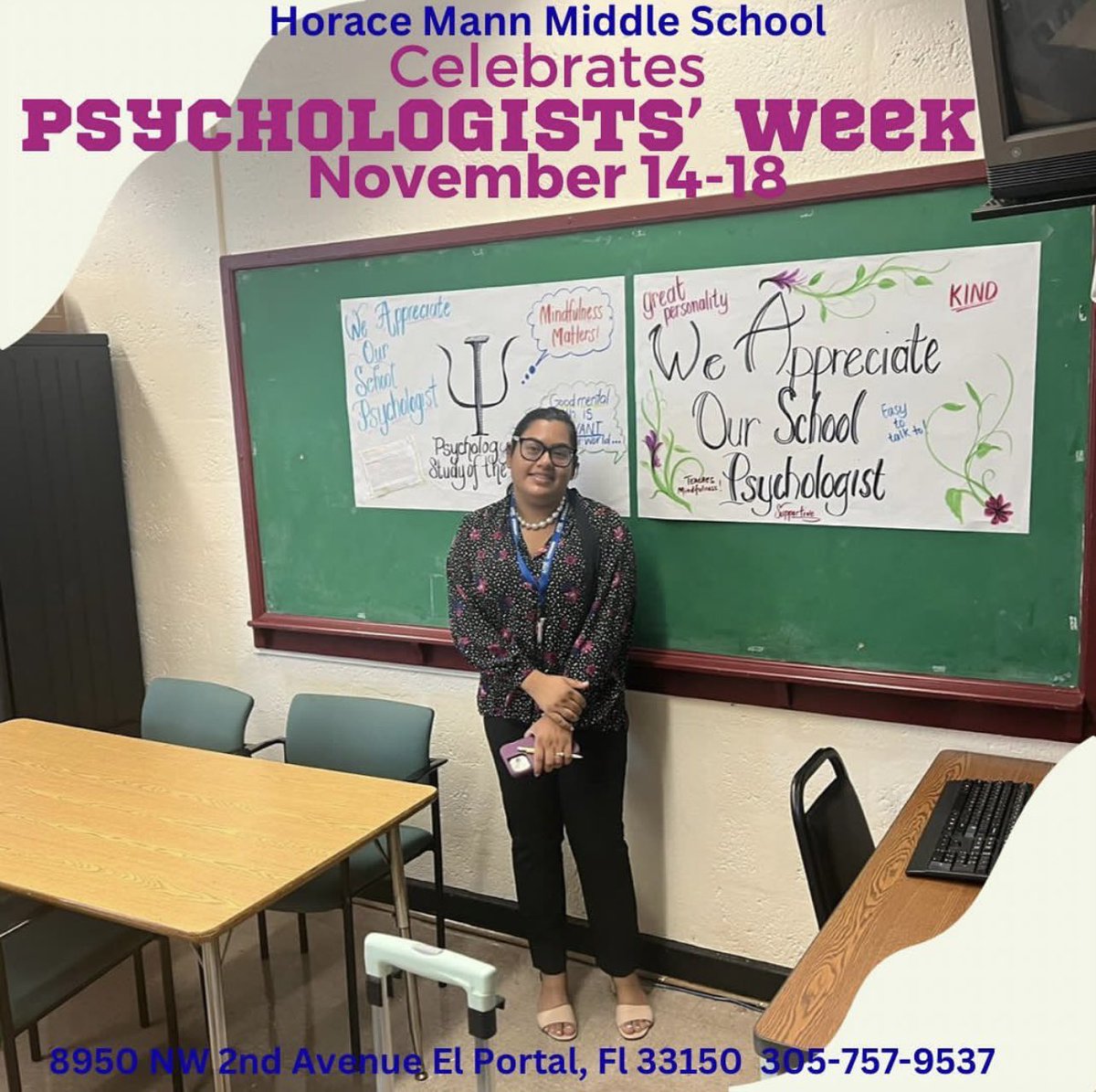 HoraceMannmdcps's tweet image. HMMS surprised School
Psychologist Mrs. Damnar with a personalized banner with students' notes of gratitude and lunch during National Psychologists' Week. Thank You for all you do! @MDCPSCentral @SuptDotres 
#Gratitude
#SeasonOfThanks #psychologistsmatter