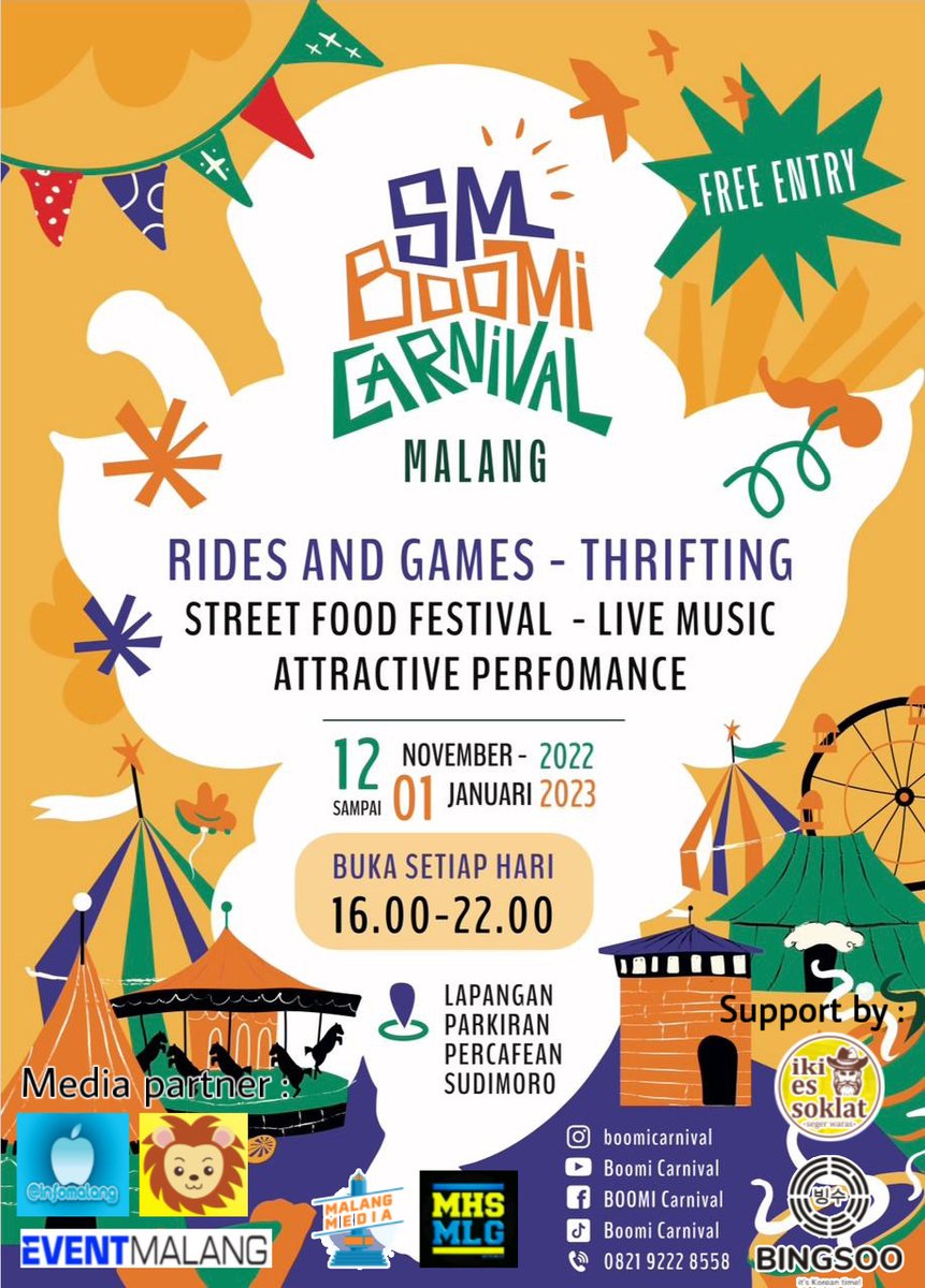 Ayo ramaikan rek!! “SM BOOMI CARNIVAL”
Ada festival kuliner, Thrifthing branded, Live music, etc.

Sampai 1 Januari rek!
📍Sudimoro Parking Area (beside Mr. Dereck) 
 ⌚16.00 till 22.00 
💰HTM Free 🥳🥳🥳 

Follow us!
instagram.com/boomicarnival.…
instagram.com/boomicarnival