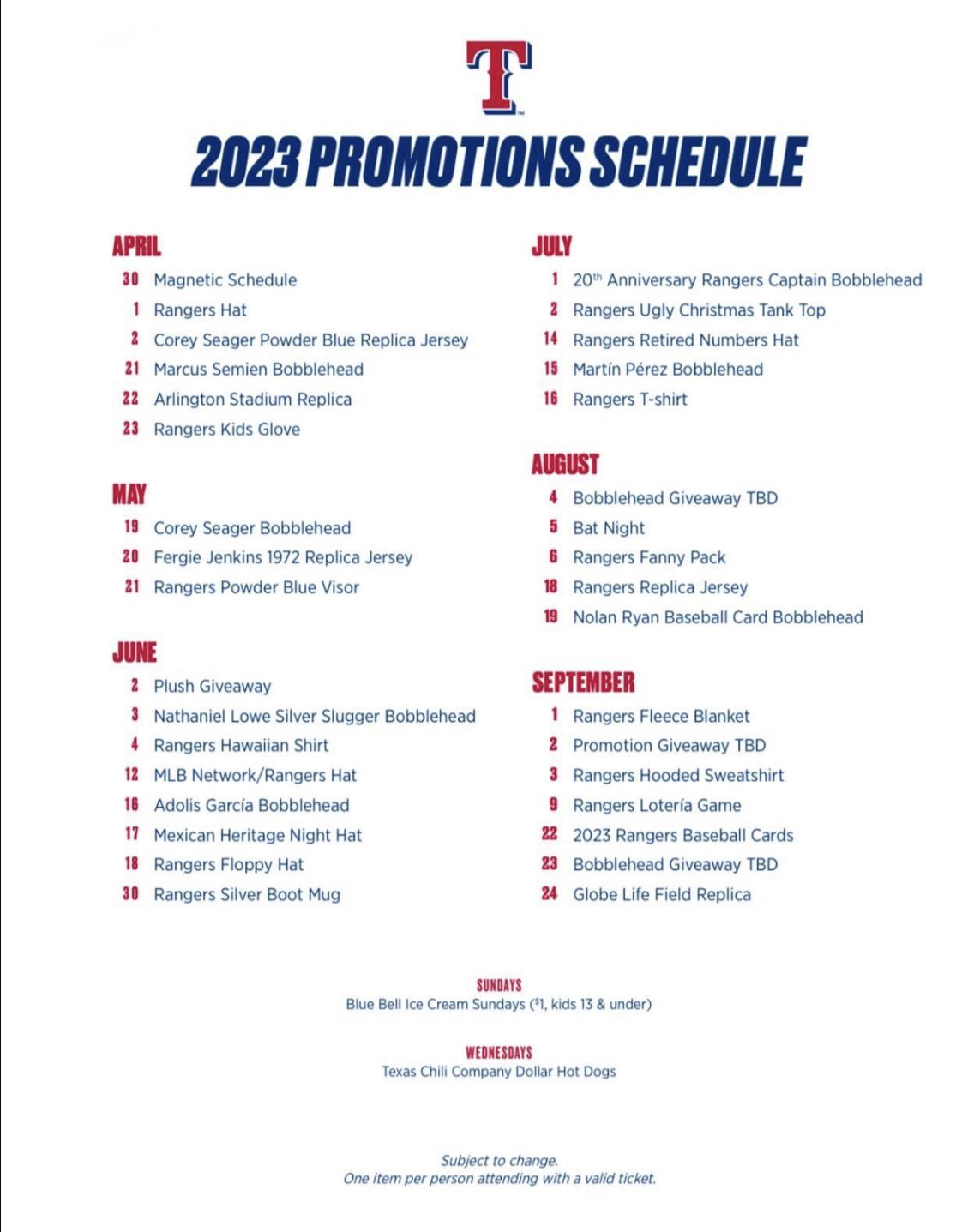 Rangers Nation on X: The #TexasRangers 2023 promotions schedule