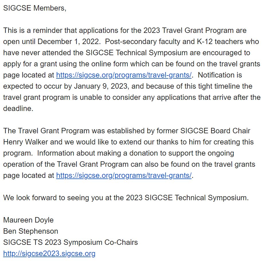 acm2yr's tweet image. Reminder: Applications for the 2023 Travel Grant Program are open until December 1, 2022. Post-secondary faculty and K-12 teachers who have never attended the SIGCSE Technical Symposium are encouraged to apply for a grant.

sigcse.org/programs/trave…