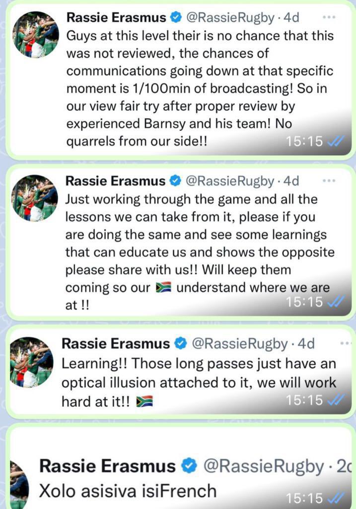 Like myself the referee of the French test &amp; his family have received threats &amp; abuse. Apparently it’s partly due to my tweets which is totally unfounded.Tweets were not aimed at the officials,but to our 🇿🇦fans on what we should do better. Have a go at me not the ref!! Tweets👇🏿