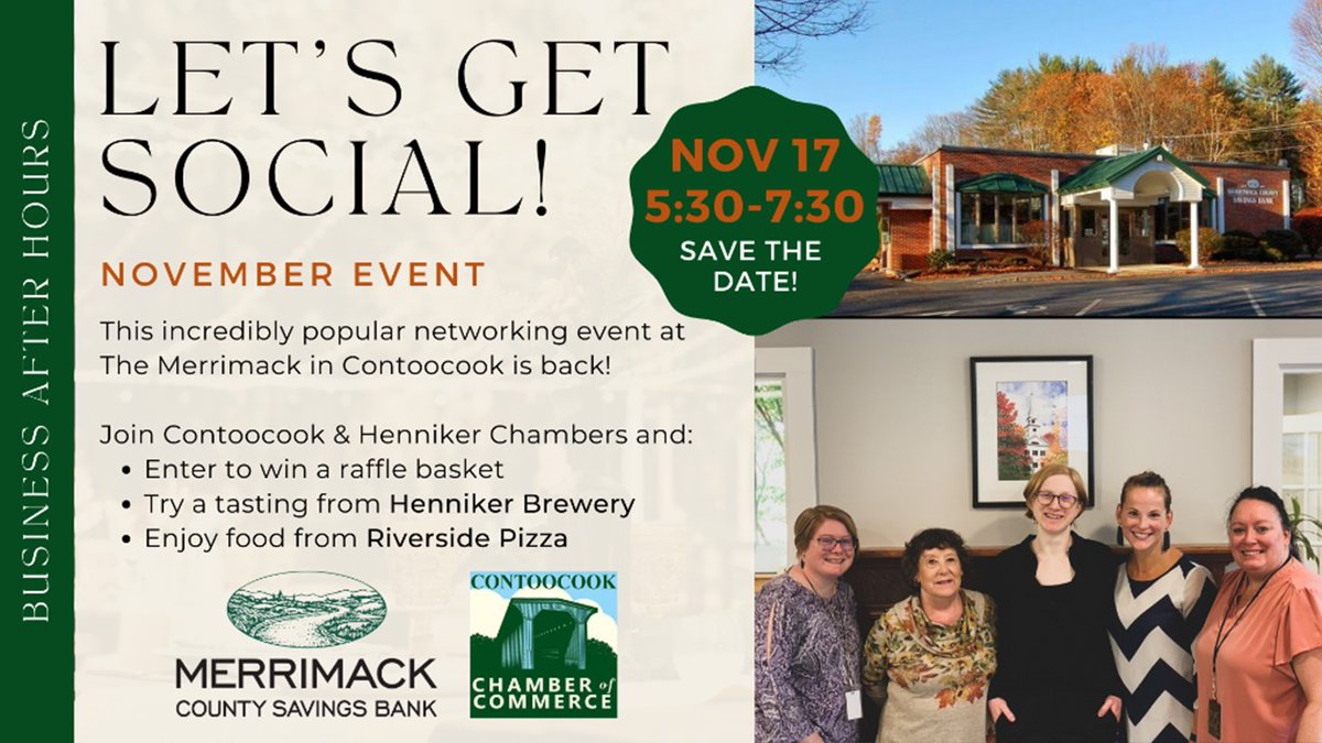 Meet us in Tooky tonight! We’re hosting <a href="/TookyChamber/">Contoocook Chamber of Commerce</a> and the Henniker Chamber of Commerce Business After Hours. Come network and enjoy a tasting from <a href="/hennikerbrewing/">Henniker Brewing Co.</a> and food from Riverside Pizza.
 #themerrimack #contoocook #henniker