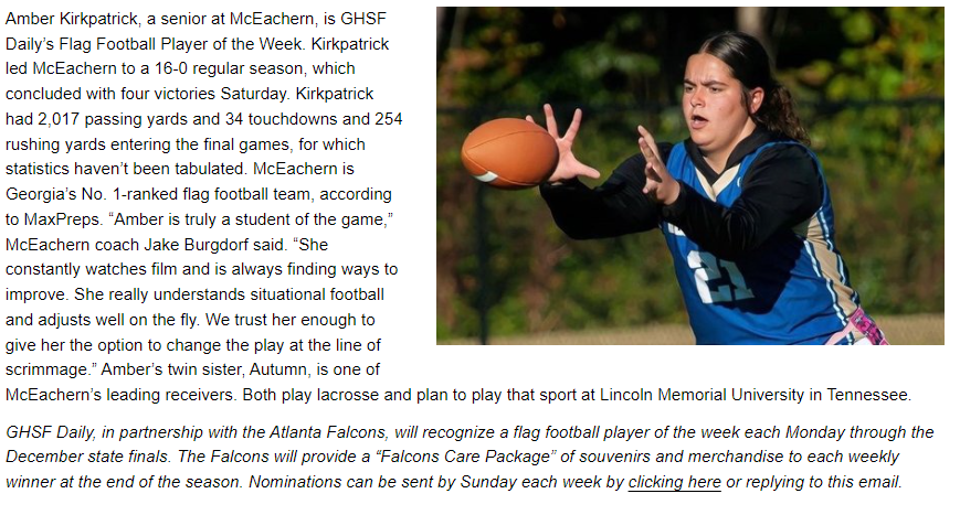 GHSFdaily's tweet photo. Congrats to our Flag Football Player of the Week, Amber Kirkpatrick of McEachern, the top-ranked team in the state, per MaxPreps.
@mceachernflag https://t.co/XOgeRQek5Q