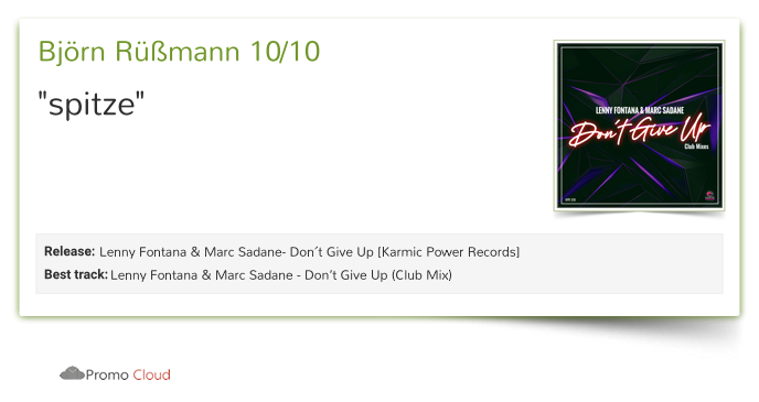 KarmicPowerRec's tweet photo. Björn Rüßmann reviewed @lennyfontana - Don’t Give Up (Club Mix). 10/10 #DontGiveUp #LennyFontana #MarcSadane #newmusic #p https://t.co/kDYWbPti1e