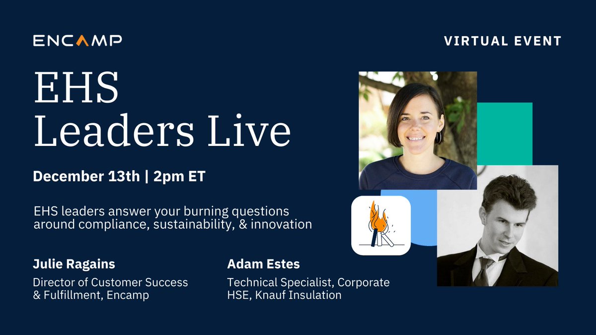 Join us, Tuesday, Dec 13th @ 2:00pm ET/11am PT for EHS Leaders LIVE!

Hear from two seasoned EHS leaders as they discuss best practices, trends, challenges, and how to up-level your skills as an EHS professional.

REGISTER: go.encamp.com/3GoOXw0

#EHS #EnvironmentalCompliance
